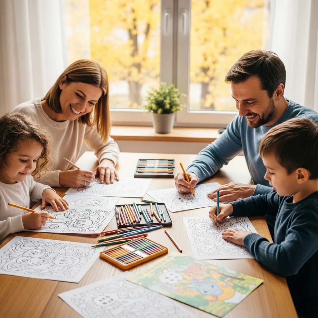A happy family sitting together at a table coloring printable pages with pencils and crayons, enjoying a creative and relaxing activity at home.